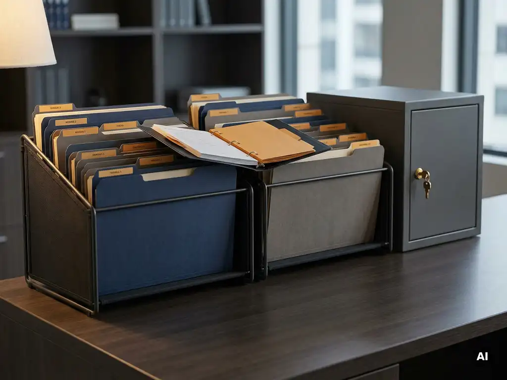 Georganiseerd bedrijfsarchief met gelabelde mappen, vergrendeld documentkabinet en open ordner op modern bureau in marineblauw en leisteengrijs.